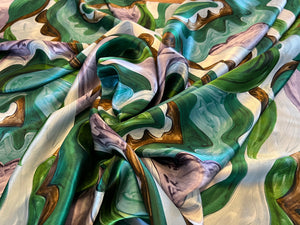 Painted Green & Lavender Waves of Paisley 100% Silk.   1/4 Metre Price