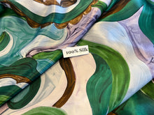 Load image into Gallery viewer, Painted Green &amp; Lavender Waves of Paisley 100% Silk.   1/4 Metre Price