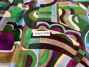 Purple & Green Abstract Geometric 100% Silk Charmeuse.    1/4 Metre Price