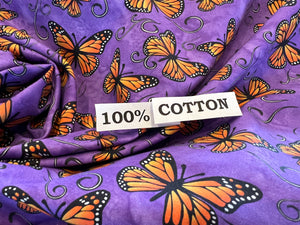 Marvellous Monarch Butterflies in Flight Print.   100% Cotton.  1/4 Metre Price