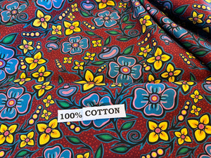 Burgundy Floral Ojibway Print.   100% Cotton.  1/4 Metre Price