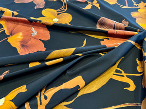 Large Orange Rust Poppy Floral on Black 100% Silk Crepe de Chine.  1/4 metre price