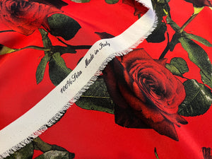 Designer Red Roses on Lightweight Silk Crepe.   1/4 Metre Price
