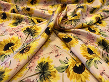 Load image into Gallery viewer, Yellow Sunflowers on Pink 100% Silk Twill.  1/4 Metre Price