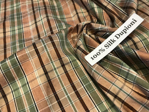 #852 Green Pink Plaid 100% Silk Dupioni Remnant.  3x available