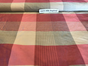 #848 Light Coral Plaid 100% Silk Dupioni Remnant. 2x available