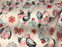 Load image into Gallery viewer, Festive Chickadees 100% Cotton Lawn.   1/4 Metre Price