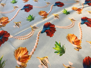 #1100 Tropical Fish & Pearls 100% Silk Digital Print Remnant