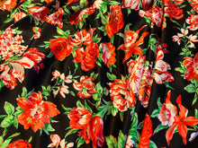 Load image into Gallery viewer, #1034 Black &amp; Red Floral Blooms 95% Silk 5% Elastane Remnant