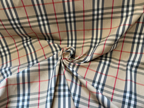 Small Designer Tan Check  78% Cotton  18% Nylon 4% Spandex 1/4 Metre Price