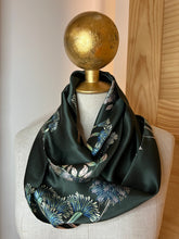 Load image into Gallery viewer, Wild Flowers on Forest Green 100% Silk Charmeuse Scarf