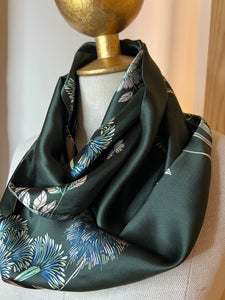 Wild Flowers on Forest Green 100% Silk Charmeuse Scarf