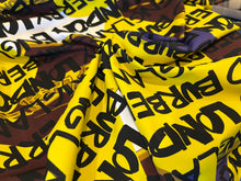 Load image into Gallery viewer, Designer Yellow &amp; Burgundy  100% Lycra 2 way stretch.       1/4 Metre Price