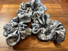 Load image into Gallery viewer, Designer Steel Blue Logo 100% Silk  Scrunchie