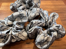 Load image into Gallery viewer, Designer Steel Blue Logo 100% Silk  Scrunchie