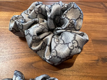 Load image into Gallery viewer, Designer Steel Blue Logo 100% Silk  Scrunchie