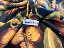 Load image into Gallery viewer, Baroque Fall Gold &amp; Green Flowers on Black 100% Silk.    1/4 Metre Price