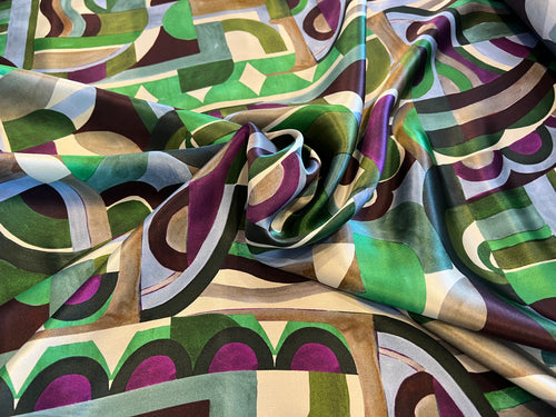 Purple & Green Abstract Geometric 100% Silk Charmeuse.    1/4 Metre Price