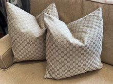 Load image into Gallery viewer, Designer Tan Logo Square Pillows    Price per Pillow Cover