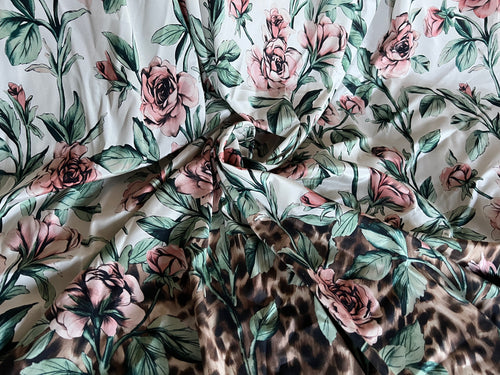 #1545 Designer Green White & Pink Roses Silk Remnants  4x  Available