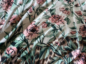 #1545 Designer Green White & Pink Roses Silk Remnants  4x  Available