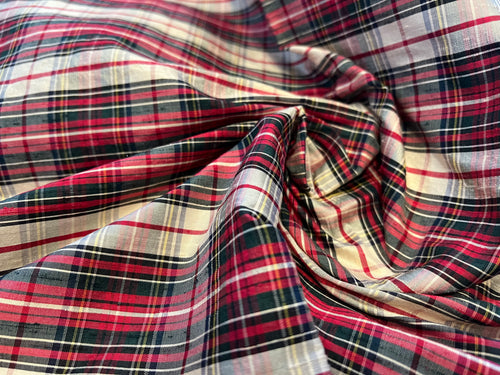 #1171 Red & White Plaid Tartan  Dupioni 100%  Silk Remnant