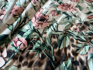 #1545 Designer Green White & Pink Roses Silk Remnants  4x  Available