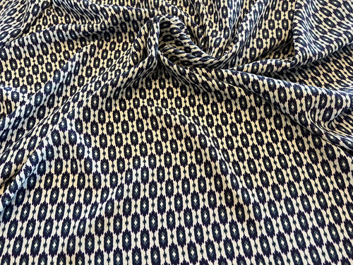 Blue & White Geometric 100% Silk Crepe de Chine    1/4 Metre Price