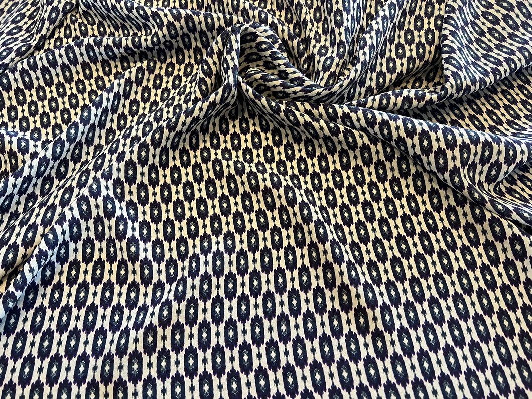 Blue & White Geometric 100% Silk Crepe de Chine    1/4 Metre Price