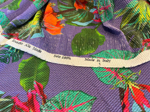 Exclusive Violet pleated Exotic Floral 100% Silk.    1/4 Metre Price