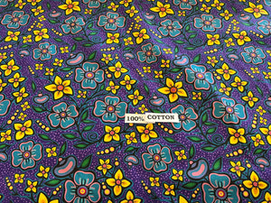 Purple Floral Ojibway Print.   100% Cotton.  1/4 Metre Price