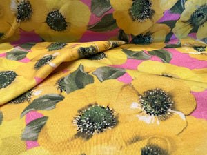 Yellow Floral on  two way stretch 95% Cotton 5% Elastane.  1/4 Metre Price