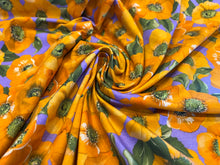 Load image into Gallery viewer, Orange Floral on Lavender two way stretch 95% Cotton 5% Elastane.  1/4 Metre Price