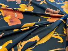 Load image into Gallery viewer, Large Orange Rust Poppy Floral on Black 100% Silk Crepe de Chine.  1/4 metre price