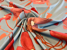 Load image into Gallery viewer, Large Rosewood Poppy Floral on Steel Blue  100% Silk Crepe de Chine.  1/4 metre price