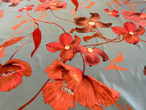 Large Rosewood Poppy Floral on Steel Blue  100% Silk Crepe de Chine.  1/4 metre price