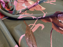 Load image into Gallery viewer, Large Rose/Bordeaux Poppy Floral on Moss Green  100% Silk Crepe de Chine.  1/4 metre price
