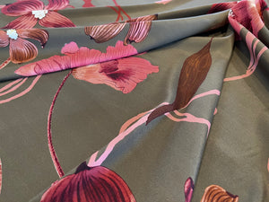 Large Rose/Bordeaux Poppy Floral on Moss Green  100% Silk Crepe de Chine.  1/4 metre price