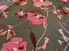 Load image into Gallery viewer, Large Rose/Bordeaux Poppy Floral on Moss Green  100% Silk Crepe de Chine.  1/4 metre price