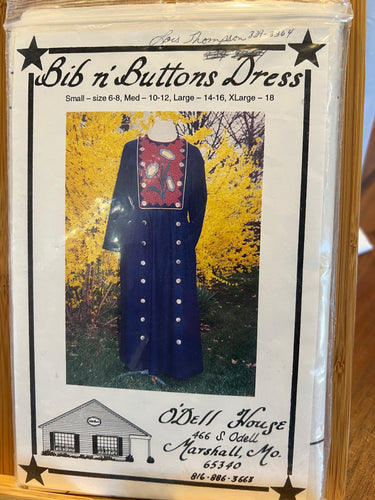 Bib N Buttons Dress Sewing Pattern Size Small - Xlarge