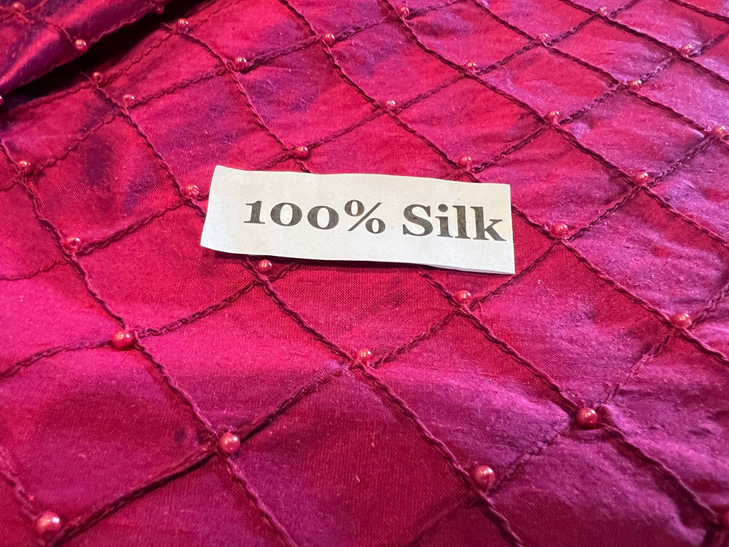 Magenta & Royal Pin tucked & Beaded Shot 100% Silk Dupioni.    1/4 Metre Price