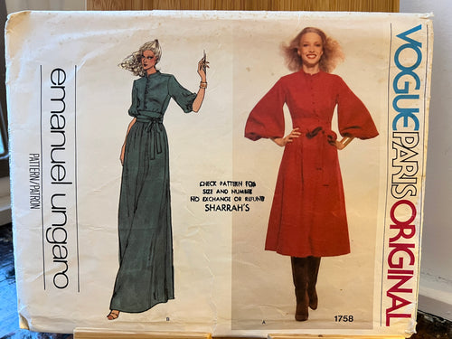 Rare Vintage Vogue #1758 Paris Original Emanuel Ungaro Size 16