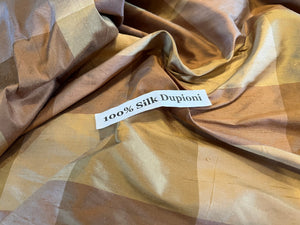 Shades of Gold Check 100% Dupioni silk.  1/4 Metre Price