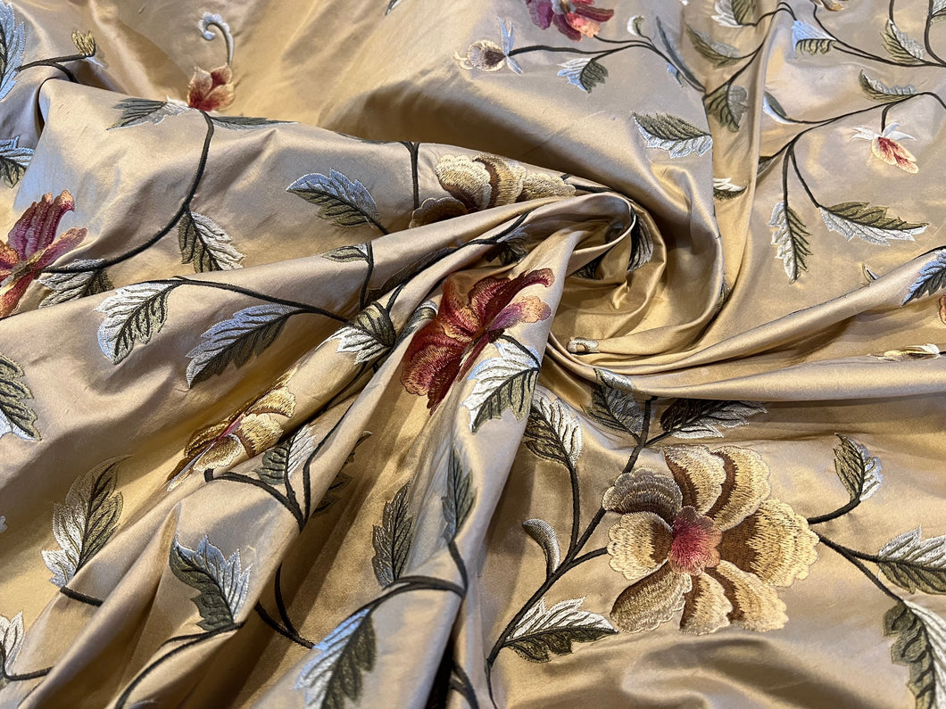 Flowers and Vines Embroidery on Gold 100% Dupioni silk.  1/4 Metre Price
