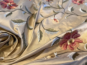 Flowers and Vines Embroidery on Gold 100% Dupioni silk.  1/4 Metre Price