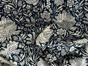 Navy & White Floral 100% Cotton Matelasse.  1/4 Metre Price