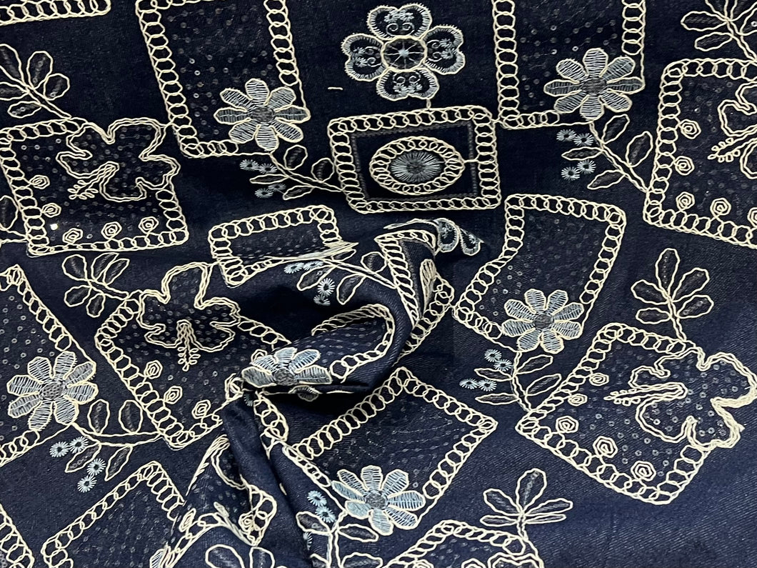 Embroidered Denim 98% Cotton 2% Spandex     1/4 Metre Price