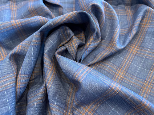#1324 Steel Blue  Plaid 100% Wool Gabardine Remnant    75% OFF