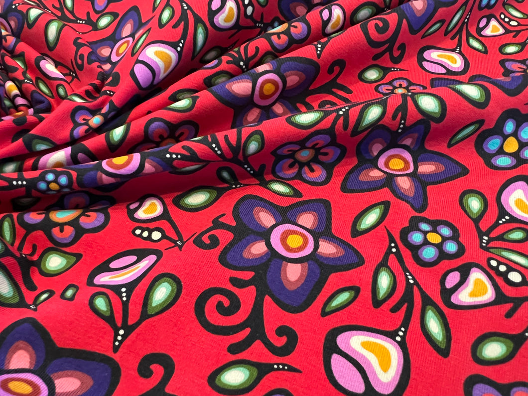 Red Floral Ojibway Print Knit   94% Cotton 6% Elastane  1/4 Metre Price