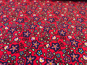 Red Floral Ojibway Print Knit   94% Cotton 6% Elastane  1/4 Metre Price